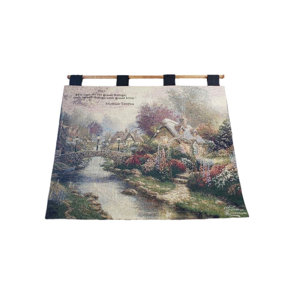 Vintage Manual Thomas Kinkade Large Wall Hanging Tapestries & Wood Holder USA